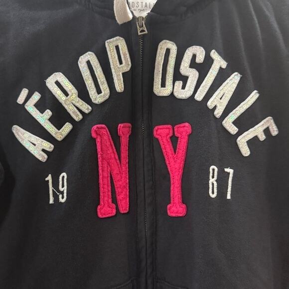 Y2K Aeropostale Full Zip Black White Sequin Hooded Jacket New York Women's Large - Picture 2 of 8